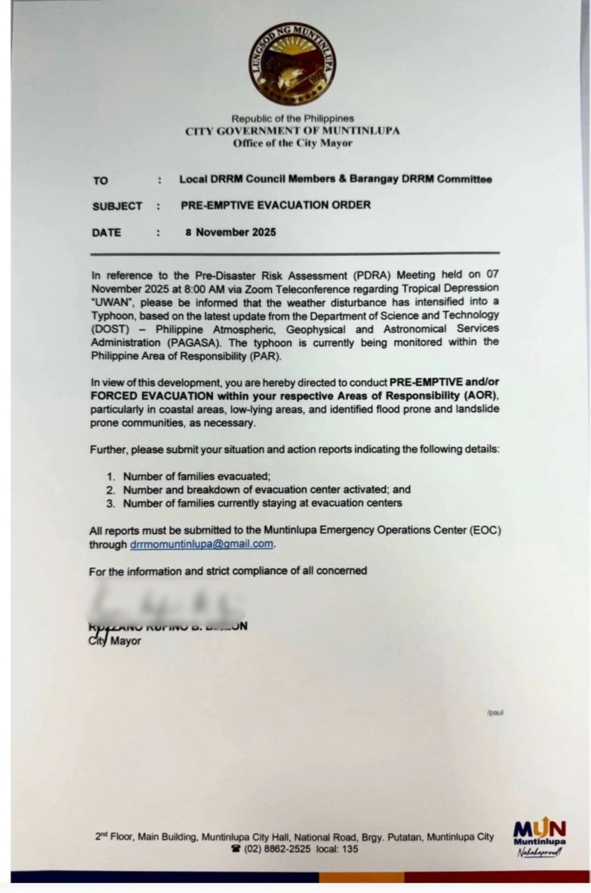 The preemptive evacuation order by Muntinlupa Mayor Ruffy Biazon (Photo from Mayor Biazon's Facebook page)  