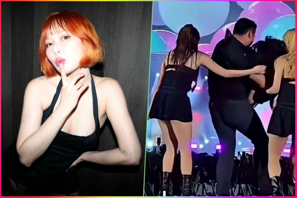 HyunA  being carried down the stage by a member of security after she fainted at Waterbomb Macao on Nov. 9 (Instagram, screenshot from Once Media account on YouTube)  