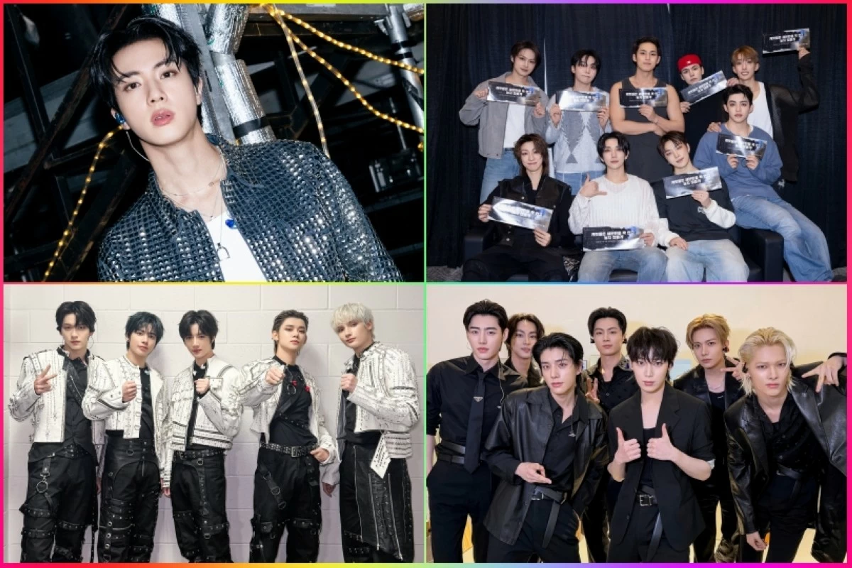 (Clockwise from top left) BTS' Jin, Seventeen, Tomorrow X Together and ENHYPEN (X) 