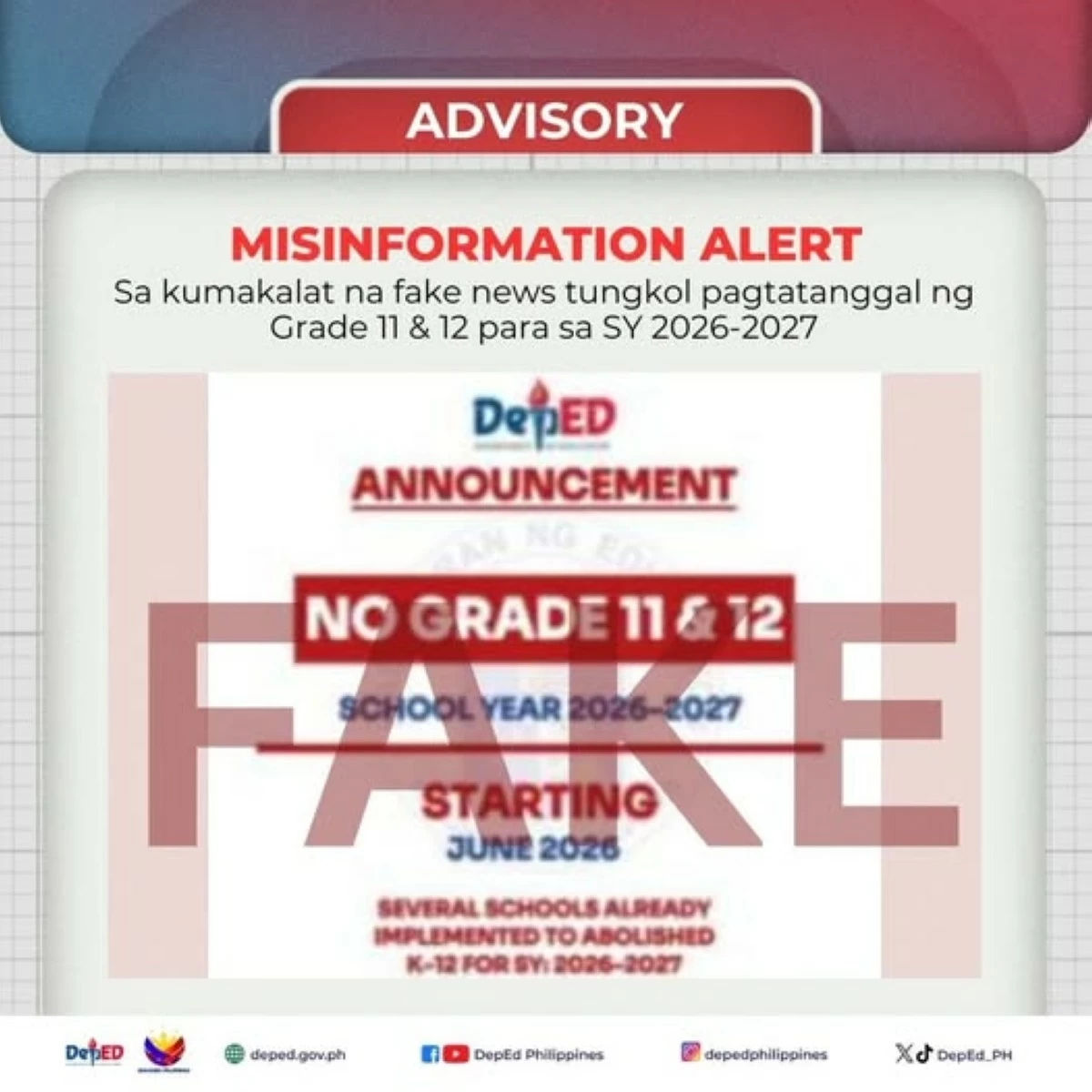 The Department of Education (DepEd) reminds the public to verify information only from its official social media accounts and website to avoid fake news. (DepEd Philippines / Facebook)