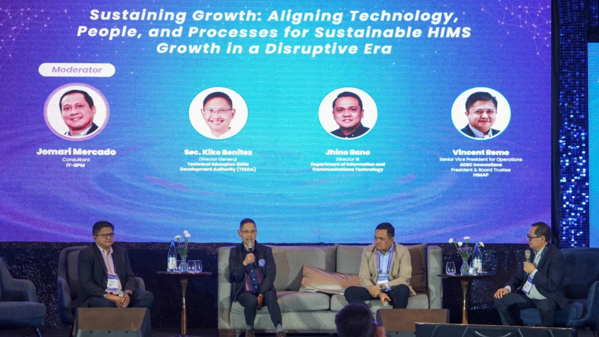 From left: Vincent Remo (HIMAP), Sec. Kiko Benitez (TESDA), Jhino Ilano (DICT), and moderator Jomari Mercado discussed aligning technology, people, and process now.