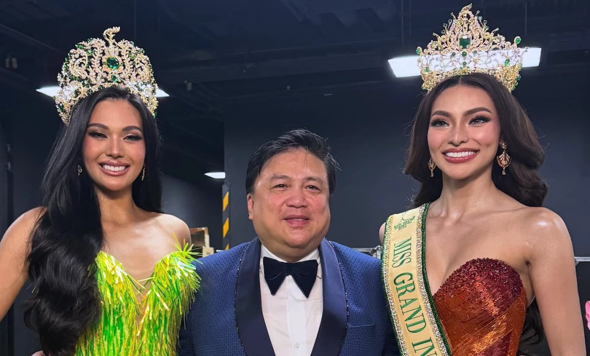 From left: Miss Grand International 2024 CJ Opiaza, ALV President Arnold Vegafria, and Miss Grand International 2025 Emma Tiglao. (Facebook)