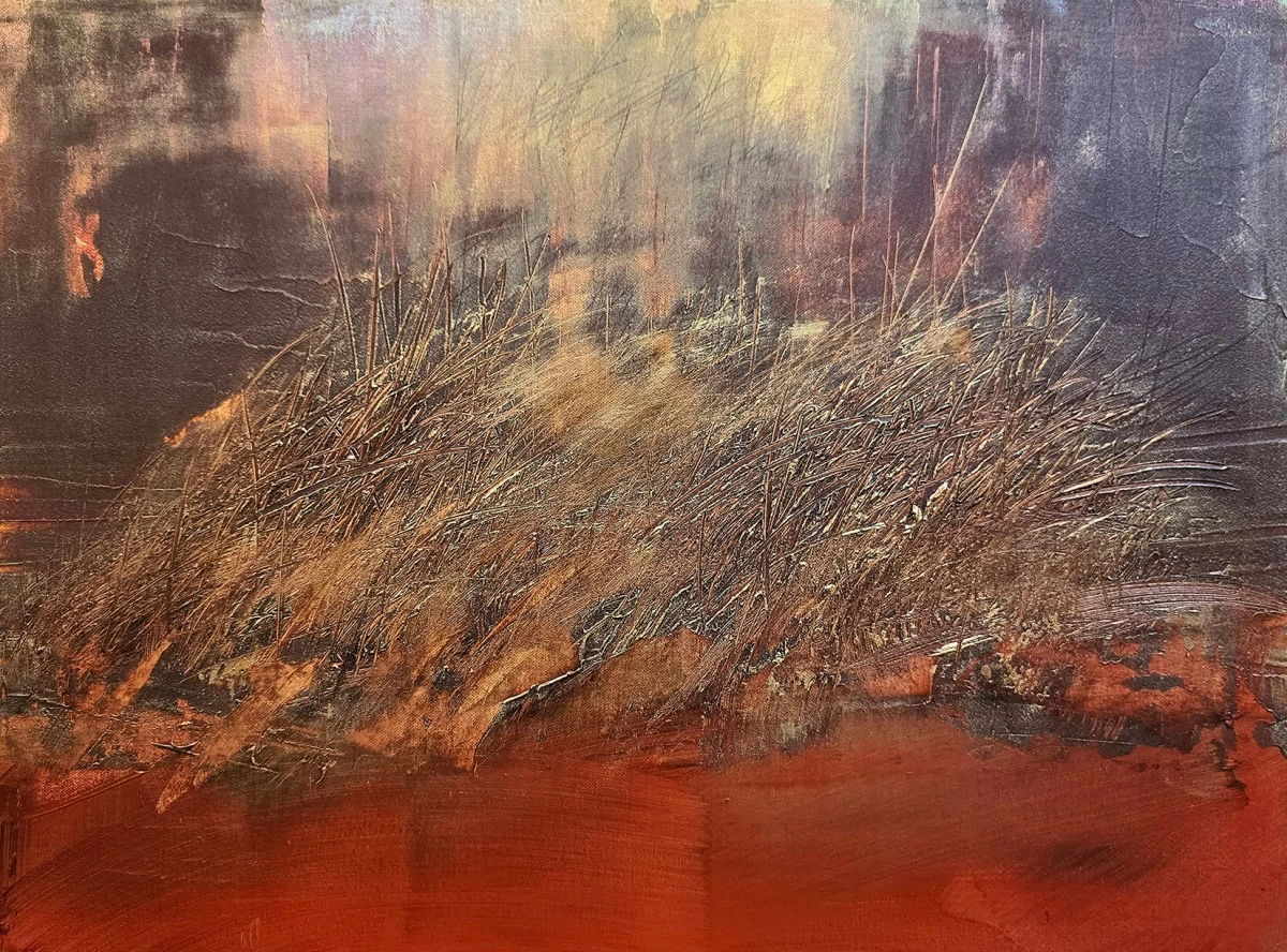 'RED EMBER' acrylic and oil on canvas, 18x24 inches, 2025