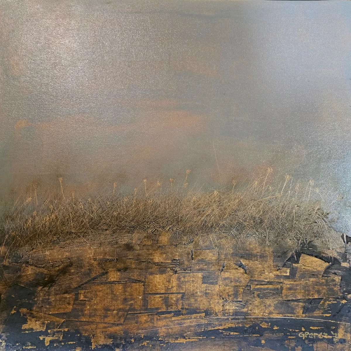 'BLOOMING FROM GOLDEN STONE' acrylic and oil on canvas, 18x18 inches, 2025