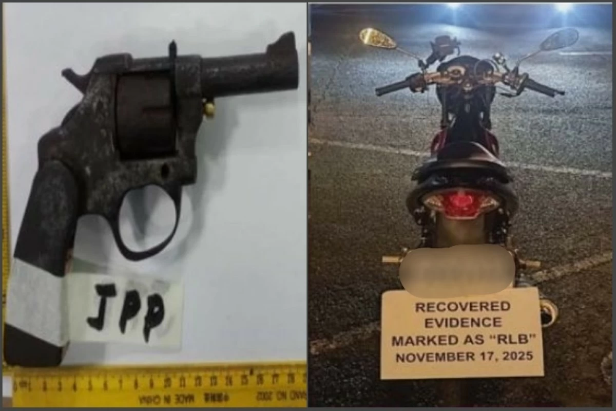 The gun and stolen motorcycle recovered by the Muntinlupa police (Photos from Muntinlupa police / SPD) 