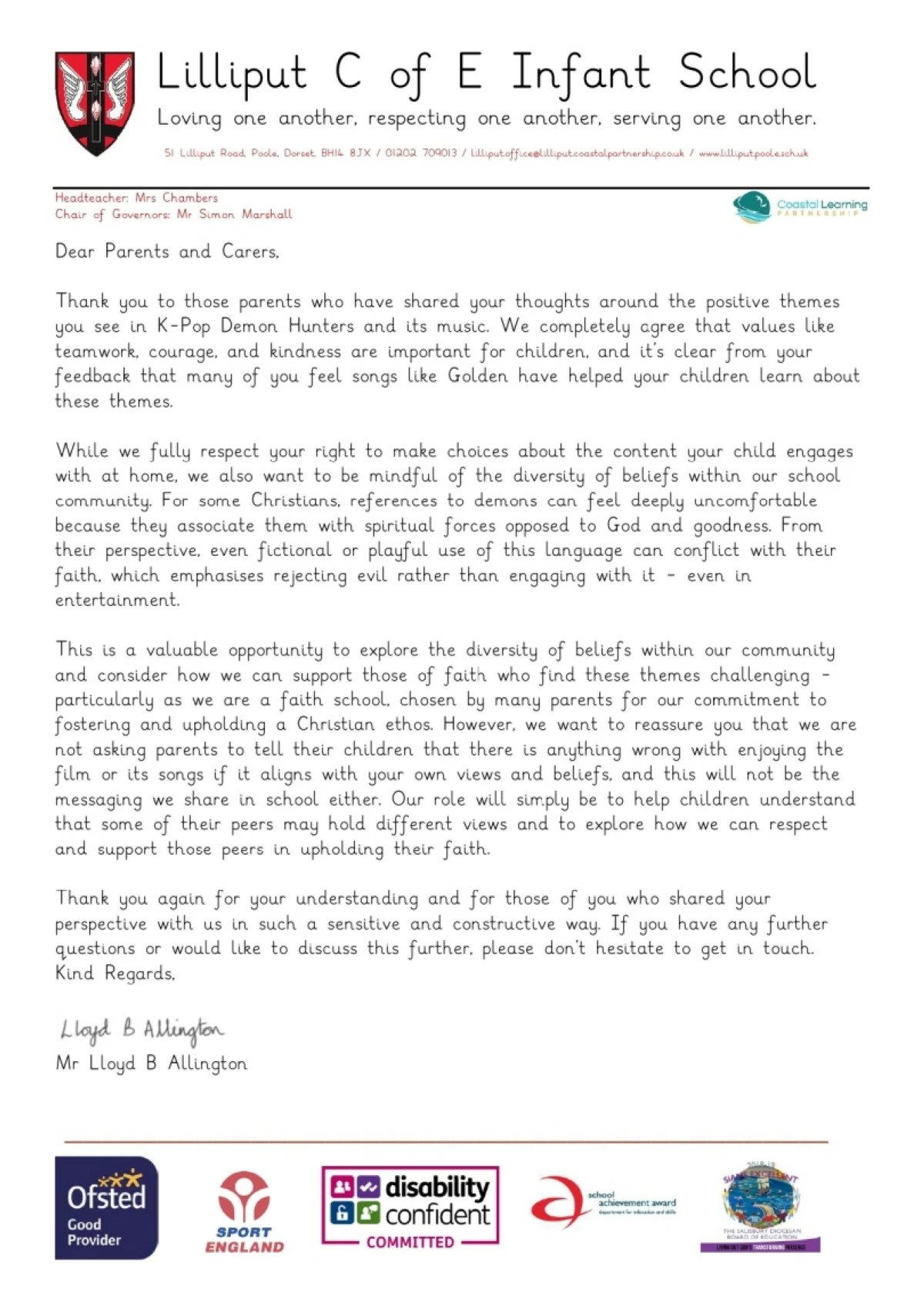 The letter to parents sent by Lloyd Allington, acting headteacher of Lilliput Church of England Infant School (Copy from the school's website) 