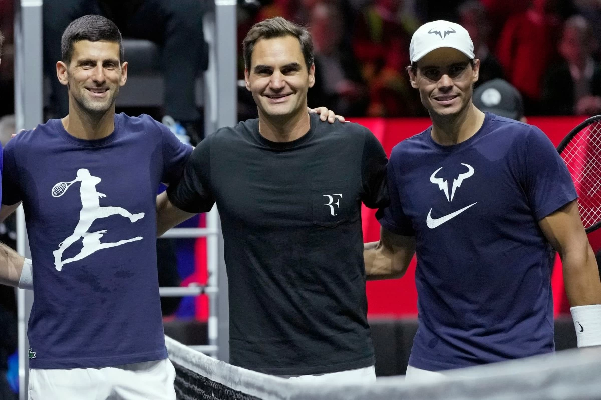 FILE - From left, Serbia's Novak Djokovic, Switzerland's Roger Federer and Spain's Rafael Nadal attend a training session ahead of the Laver Cup tennis tournament at O2 in London, Thursday, Sept. 22, 2022. (AP Photo/Kin Cheung, File)