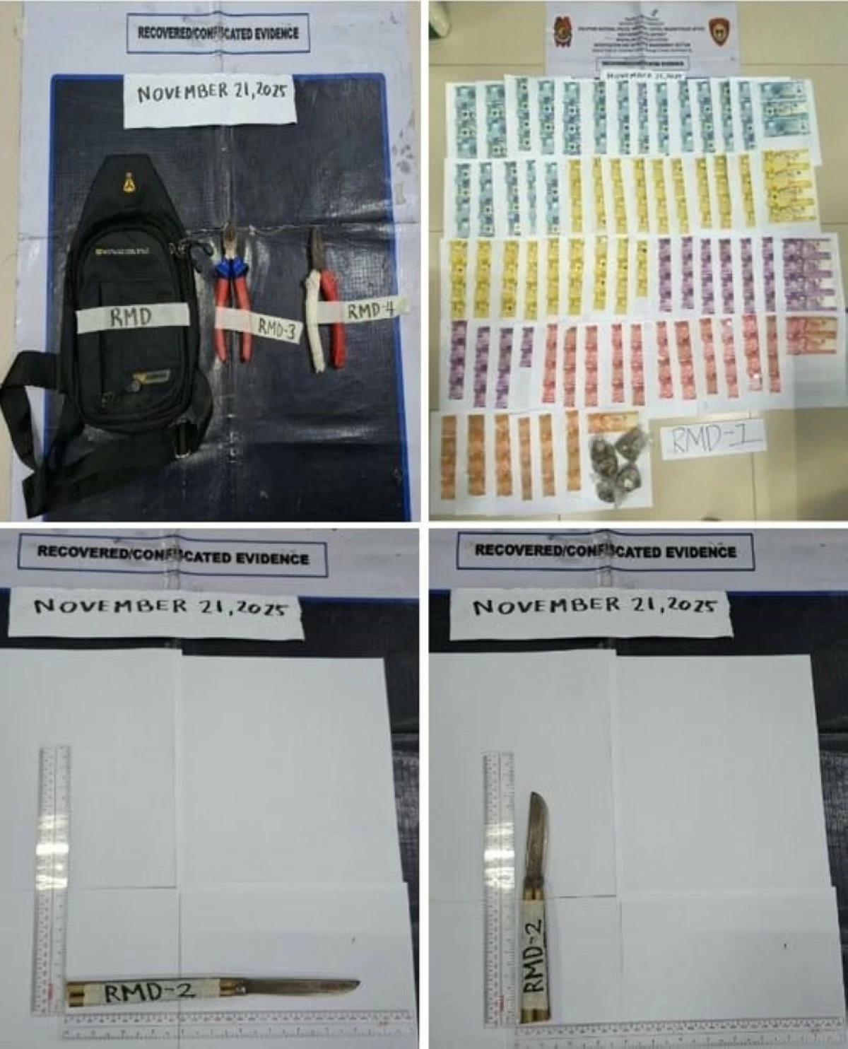 The bag, money, and knife recovered by the Muntinlupa police on Nov. 21 (Photos from Muntinlupa police) 
