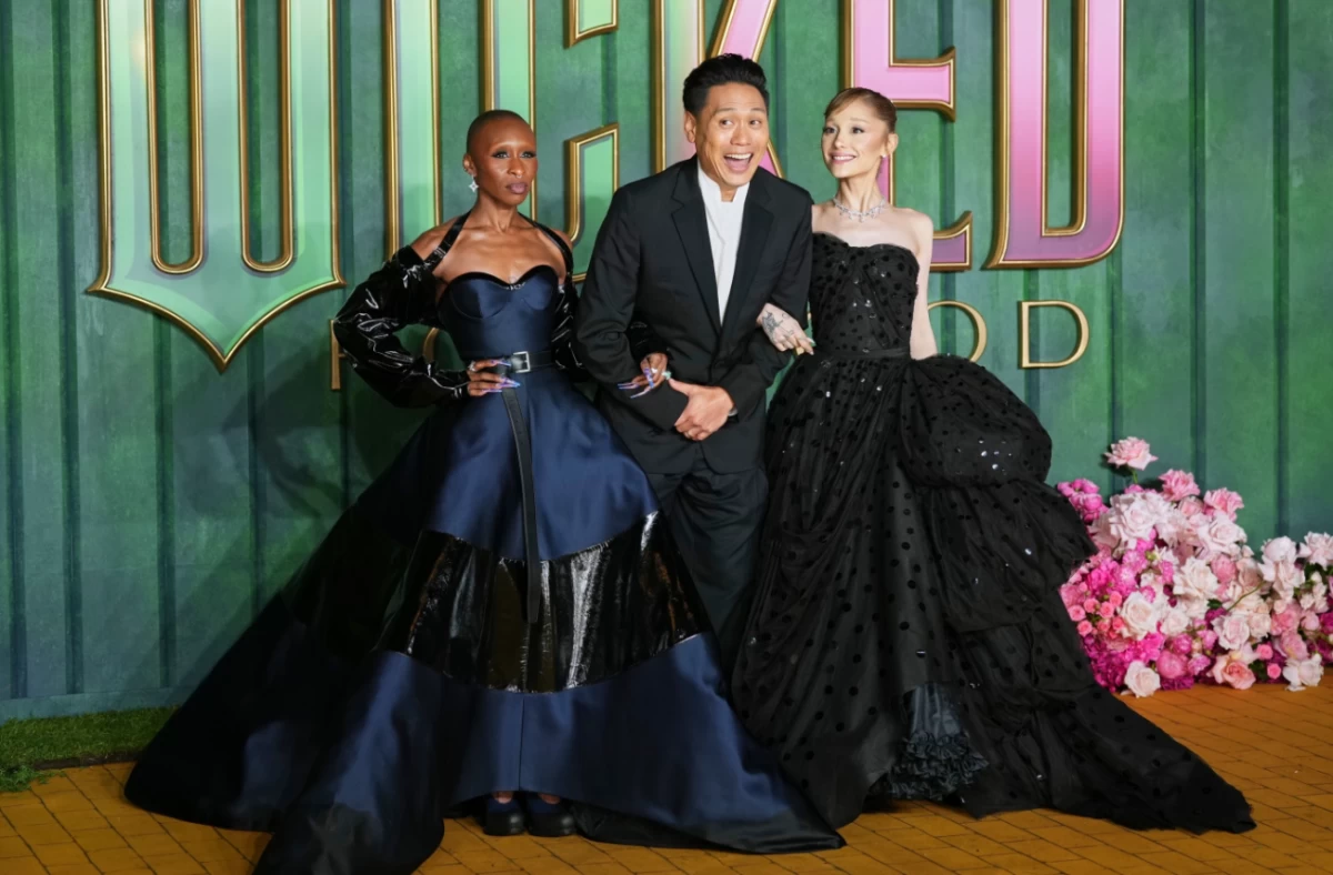 Cynthia Erivo, John M Chu, and Ariana Grande at the London Premiere of 'Wicked for Good' (AP)