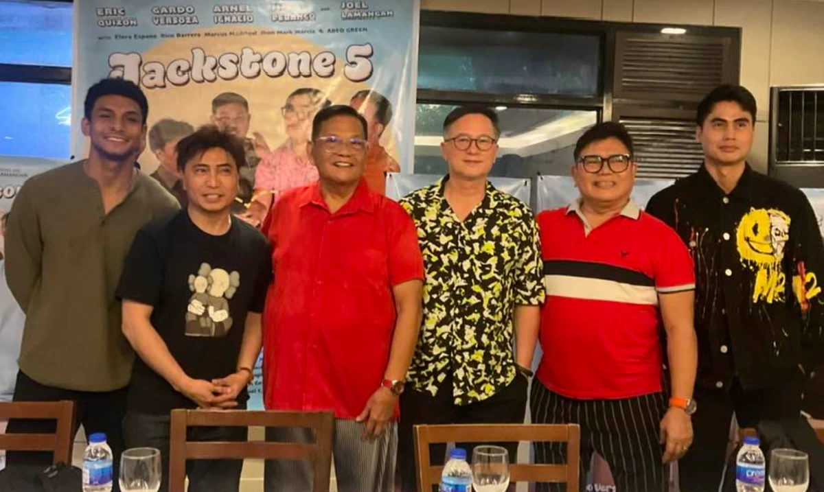 The cast of 'Jackstone 5.' From left: Abed Green, Arnel Ignacio, Director Joel Lamangan, Eric Quizon, Jim Pebanco, and Jhon Mark Marcia.