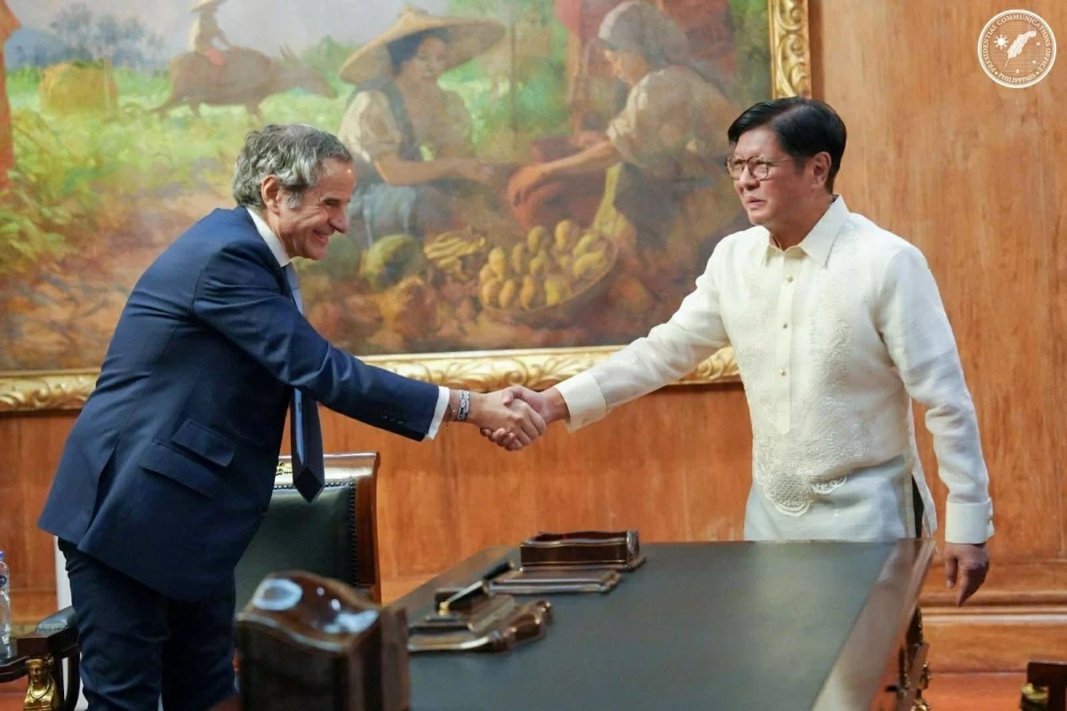 President Ferdinand 'Bongbong' Marcos Jr. and IAEA Director General Rafael Mariano Grossi shake hands during their meeting in Malacañang. (Photo from the Presidential Communications Office)