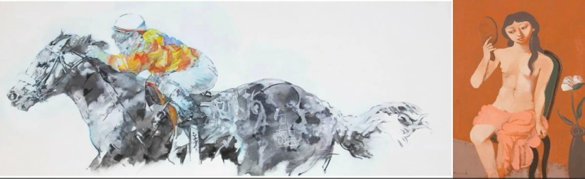 Isabel Diaz, Front Runner (Horse), 2021, oil on canvas, 26 x 67 inches, estimate 
P650,000 - 750,000 (left);   Marcel Antonio, Nude Form Study, 2006, oil on canvas, 24 x 18 inches, estimate P190,000 - 220,000.
