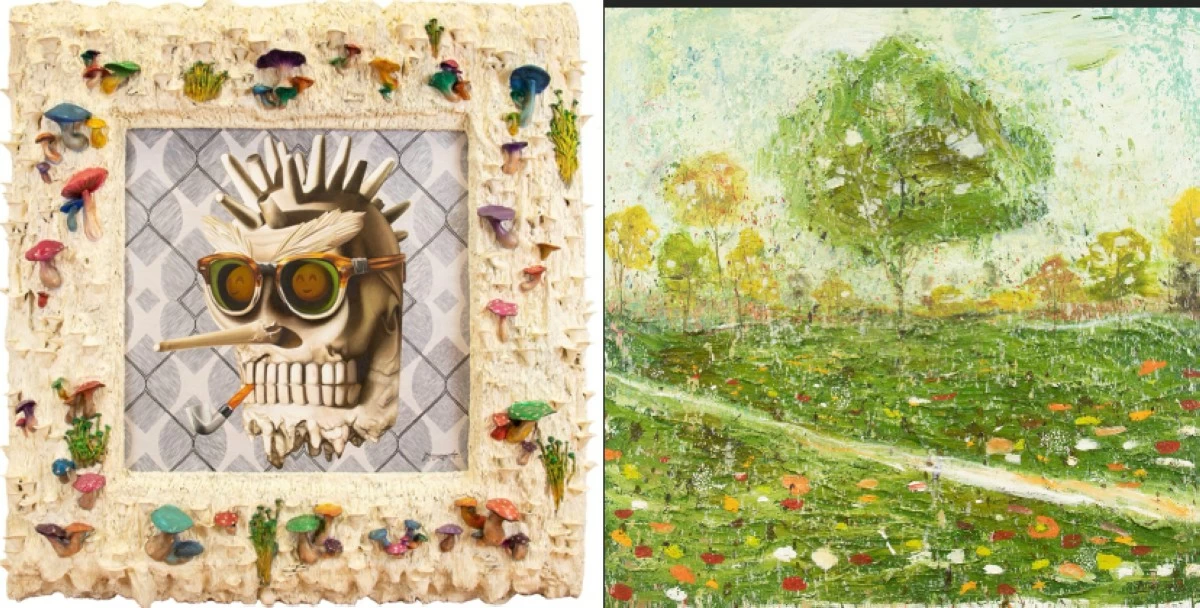 Andres Barrioquinto, #golden50, 2021, oil on canvas with frame, 62 x 62 1/2 inches, estimate P1,400,000 - 1,600,000 (left);  Mark Andy Garcia, Untitled, oil on canvas, 2o23, 48 x 48 inches, estimate P240,000 - 280,000.
