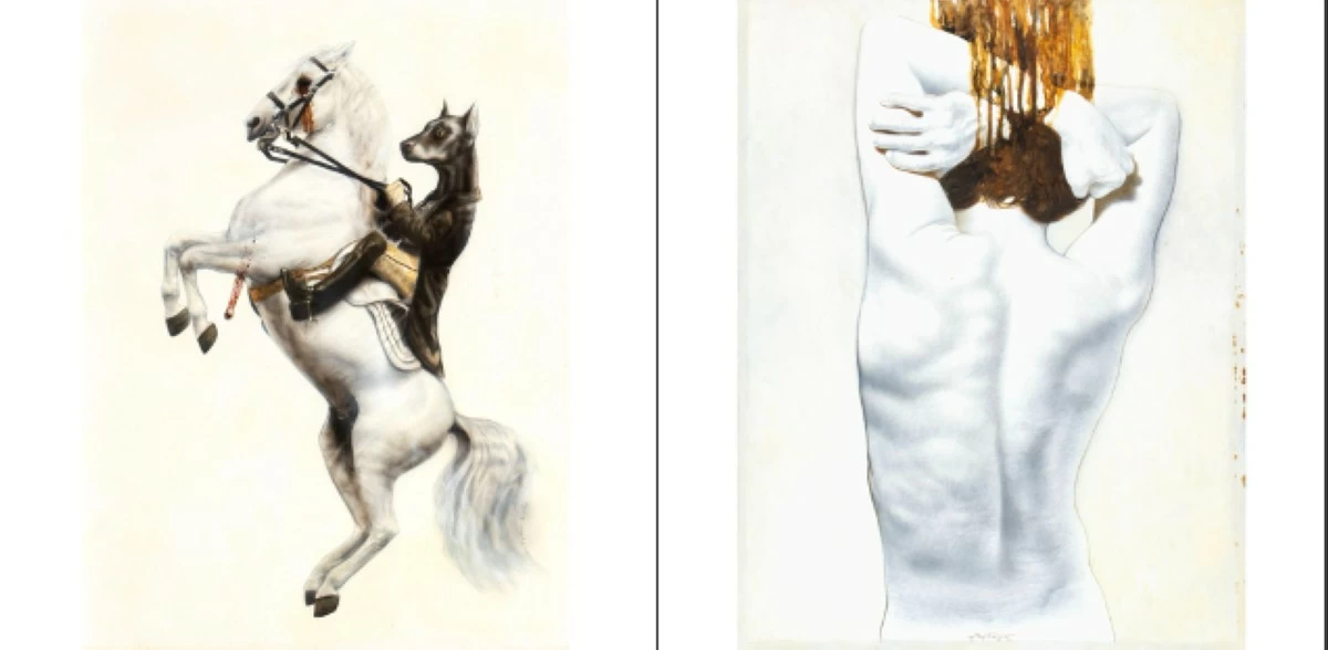 Ronald Ventura, Untitled, oil on canvas, 2012, 15 3/4 x 11 3/4 inches, estimate P1,100,000 - 1,300,000 (left); Untitled, oil on canvas, 2003, 24 x 18 inches, estimate P1,400,000 - 1,600,000
