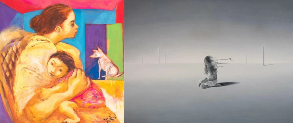 Emmanuel Garibay, Mother and Child with Dog, 2000, oil on canvas, 35 1/2 x 35 1/2 inches, estimate P950,000 - 1,200,000 (left);  Marc Aran Reyes, Dreamer's Desert Study No. 6, 2020, oil on canvas, 36 x 48 inches, estimate P1,400,000 - 1,600,000.
