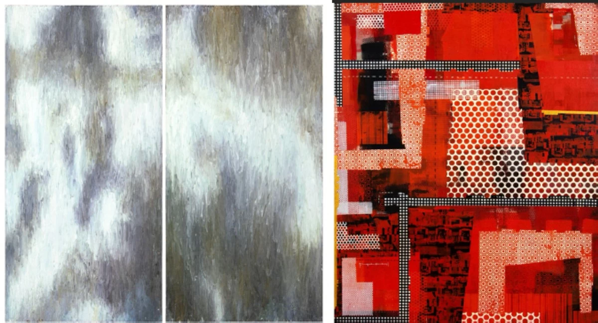 Poklong Anading, Untitled (Diptych), mixed media on canvas, 2004, 48 x 24 inches, 
estimate P700,000 - 950,000 (left); Max Balatbat, Kapilya, 2011, acrylic on canvas, 60 x 48 inches, estimated at P350,000 - 500,000.
