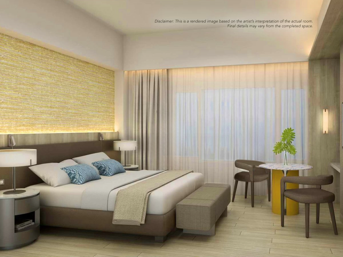 Artist’s perspective rendered photo: The Deluxe Suite bedroom with its contemporary refresh
