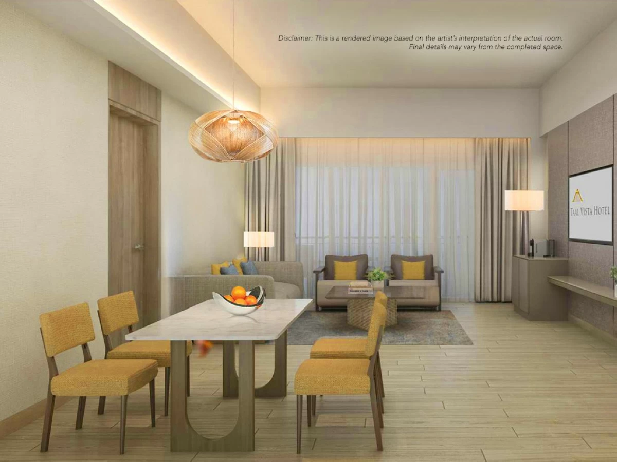 Artist’s perspective rendered photo: The contemporary and stylish living and dining area of the Batangas Suite