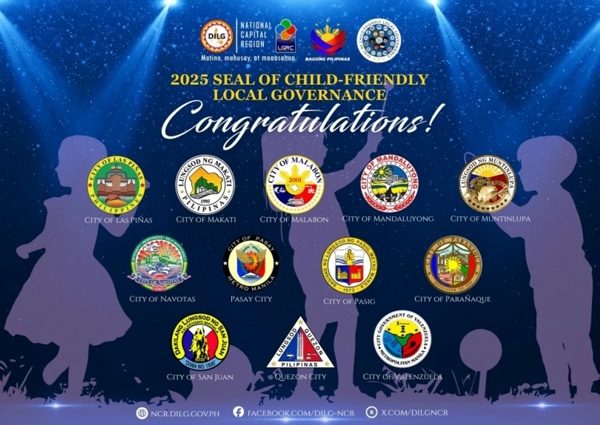 
The 12 local government units (LGUs) in the National Capital Region (NCR) that passed the 2025 Child‑Friendly Local Governance Audit (CFLGA) (Photo from DILG-NCR)
