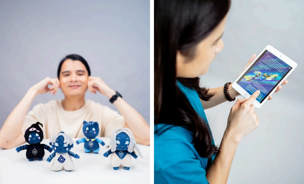 (Left) Paolo Benjamin with the characters of the TTAD lore in plushie form; (right) Miguel Benjamin reading the free-to-download TTAD e-book