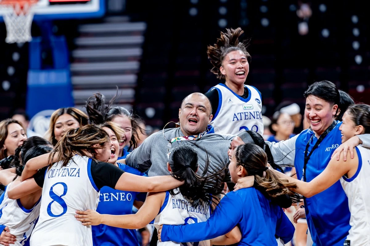 The Ateneo Blue Eagles celebrate their stepladder semis win over the Adamson Lady Falcons. (UAAP image)