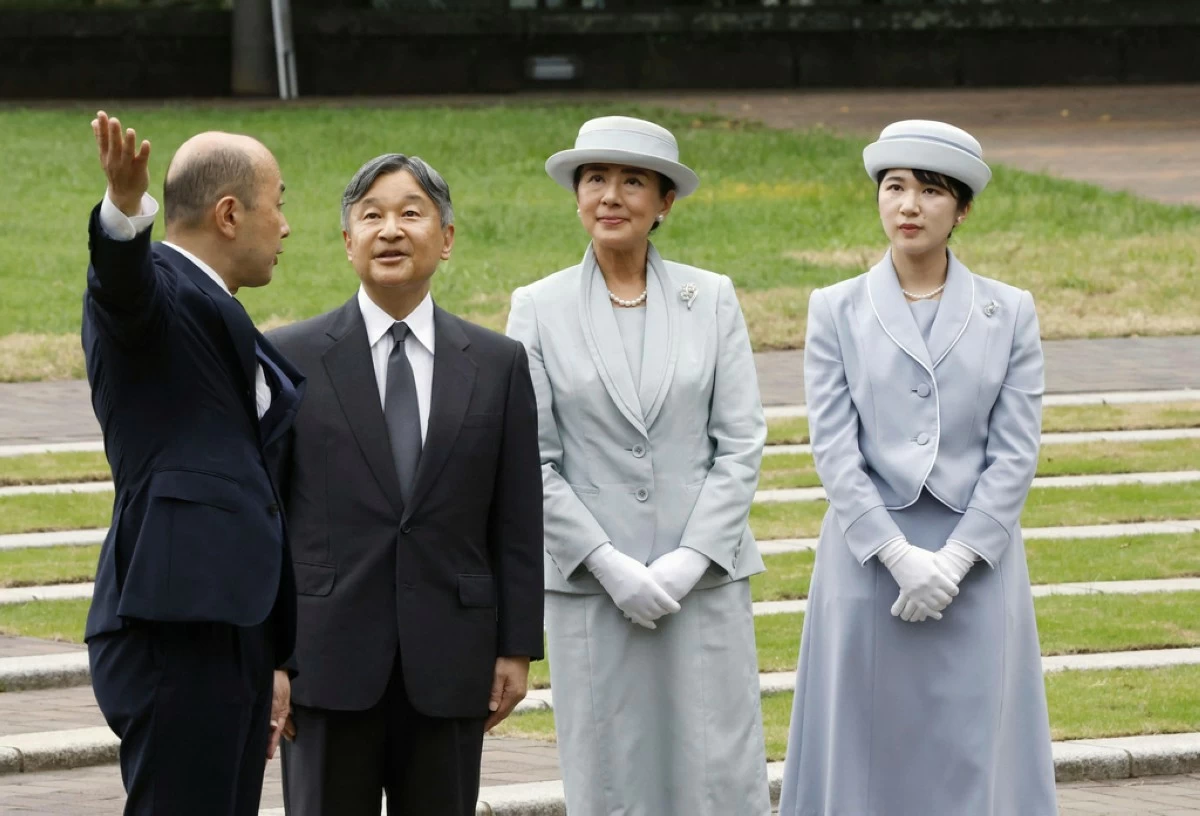 Japanese Emperor Naruhito, center left, Empress Masako center right, and Princess Aiko, right, listen to Nagasaki Mayor Shiro Suzuki, left, as they visit the cenotaph for the atomic bombing victims at the peace park in Nagasaki. western Japan, Friday, Sept. 12, 2025. (Kyodo News via AP, File)