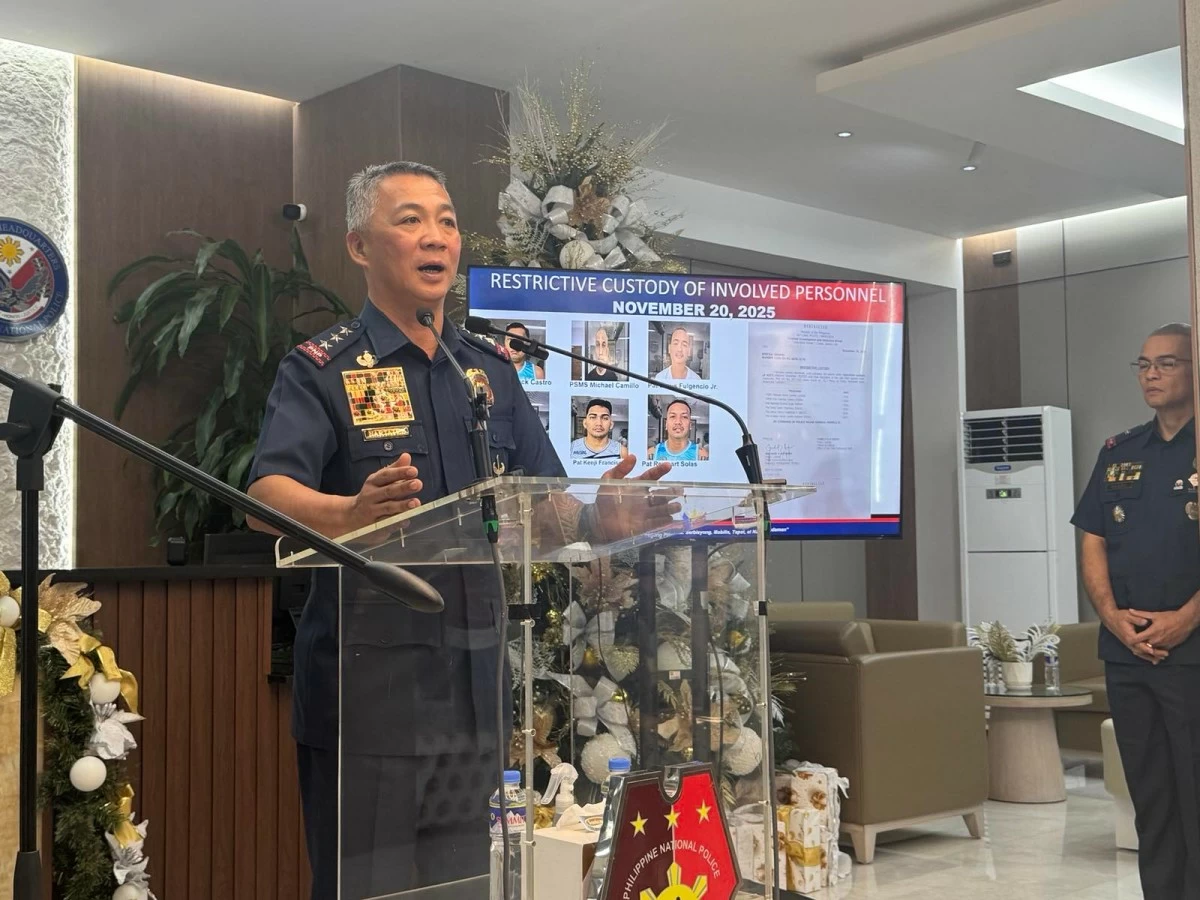 Acting PNP chief Lt. Gen. Jose Melencio Nartatez, Jr. discusses the criminal and administrative liabilities of six CIDG policemen who were accused of swapping P13 million seized from POGO raid with boodle money during a press briefing at Camp Crame in Quezon City. 