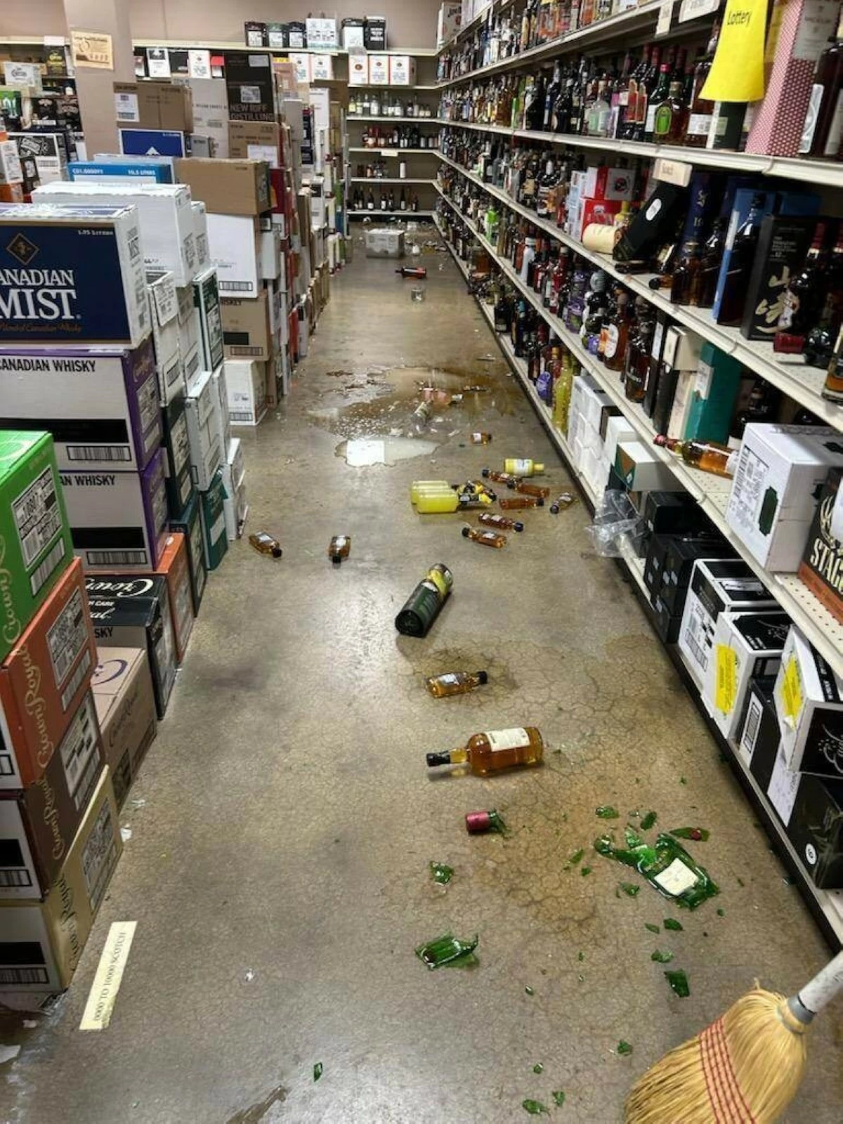 In this photo provided by Samantha Martin, broken bottles are seen after a raccoon enters a liquor store on Saturday, Nov. 29, 2025, in Ashland, Va. (Samantha Martin/Hanover County Protection via AP)