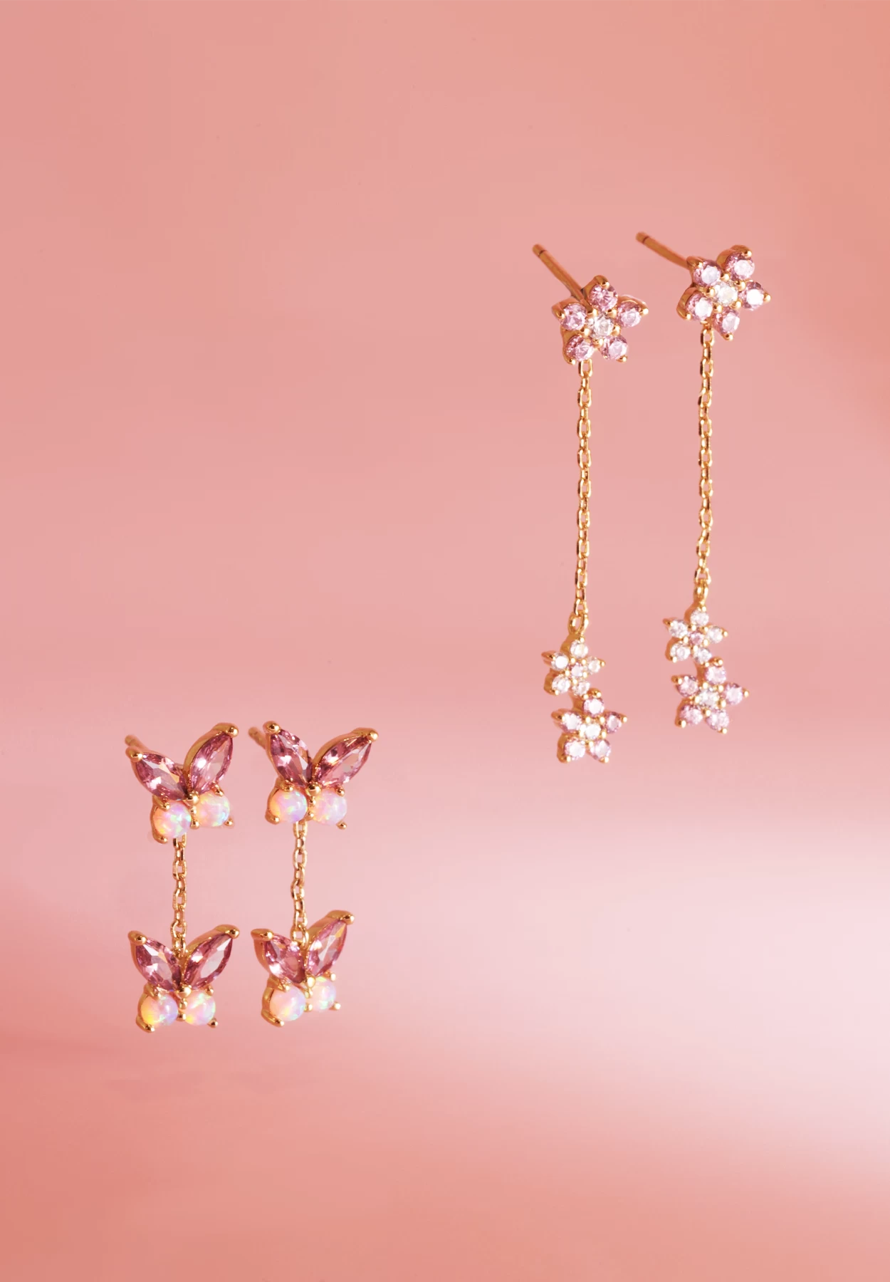 Butterfly gold studs with butterfly gold charm and Glinda gold studs with Glinda gold charm