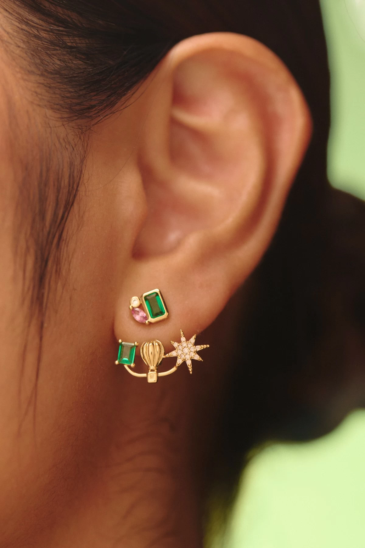 Oz gold studs with Take Flight gold ear jacket