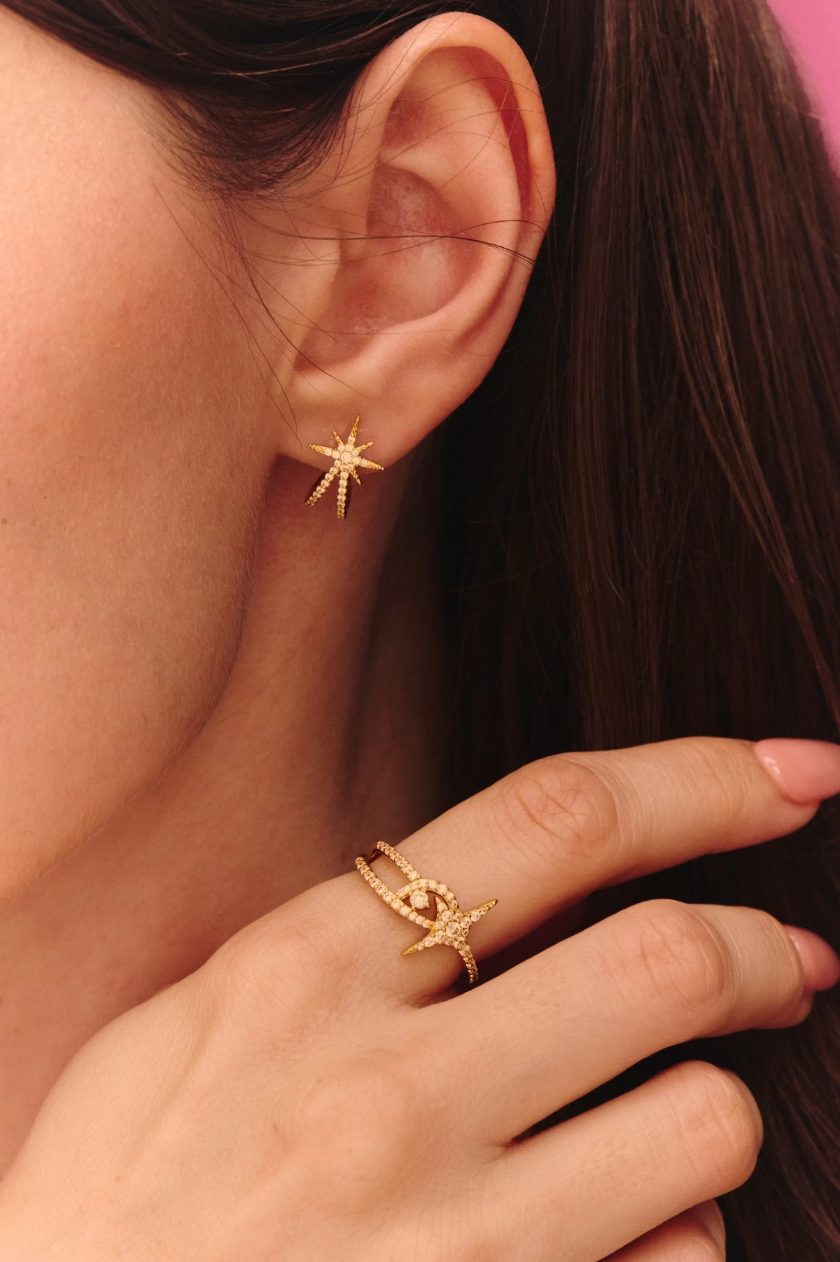 Glinda’s Wand gold huggies and Glimmer gold ring