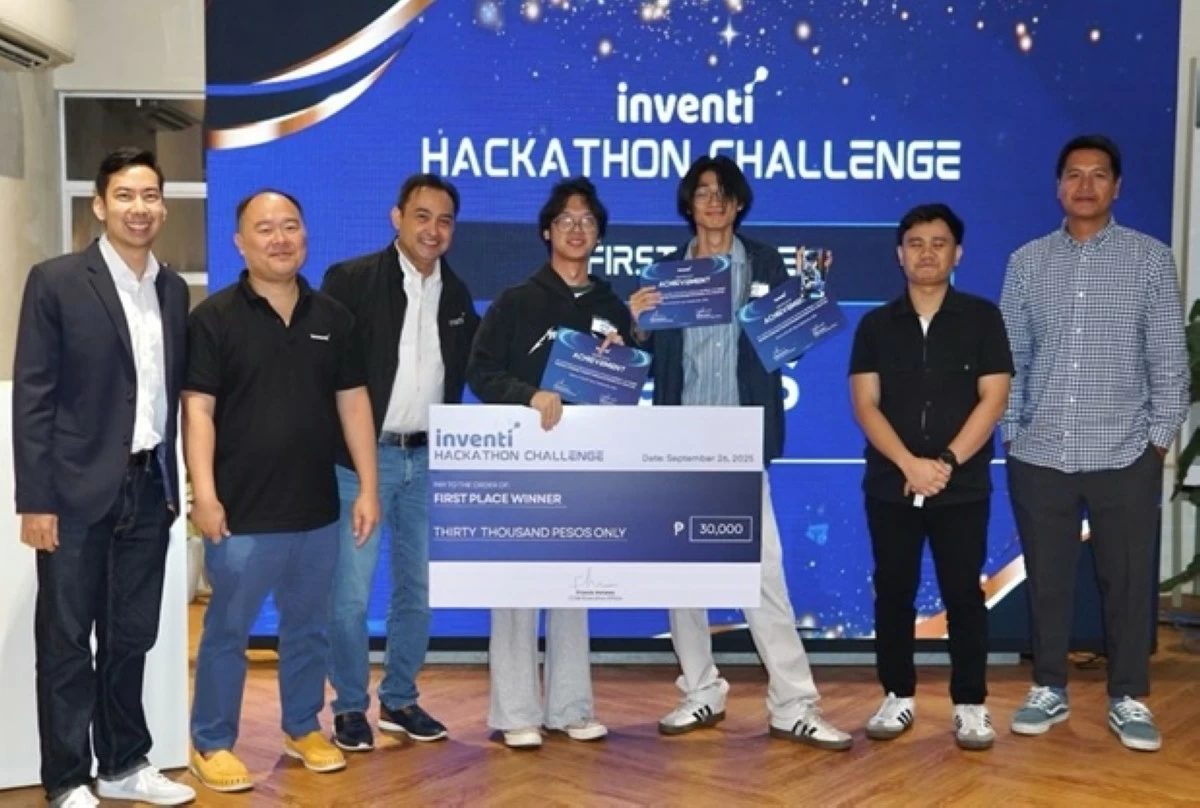 From left, Mr. Francis Henares, CEO - Inventi; Mr. Benedict Chan, CFO - Inventi; Mr. Nooky Umali, CTO - Inventi; Team NEXTCS from Batangas State University; Mr. Maded Batara III, Lead Programmer - IoTera; and Mr. Roy Salvador, Product Manager - Inventi.