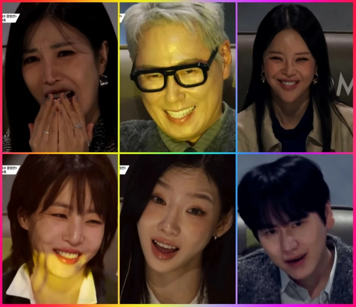The reactions of the judges while Gwyn Dorado is performing. They are (clockwise from top left)  Lee Hae-ri, Yoon Jong-shin, Baek Ji-young, Kyuhyun, Taeyeon and Kim Eana (Screenshot from JTBC Music video on YouTube) 