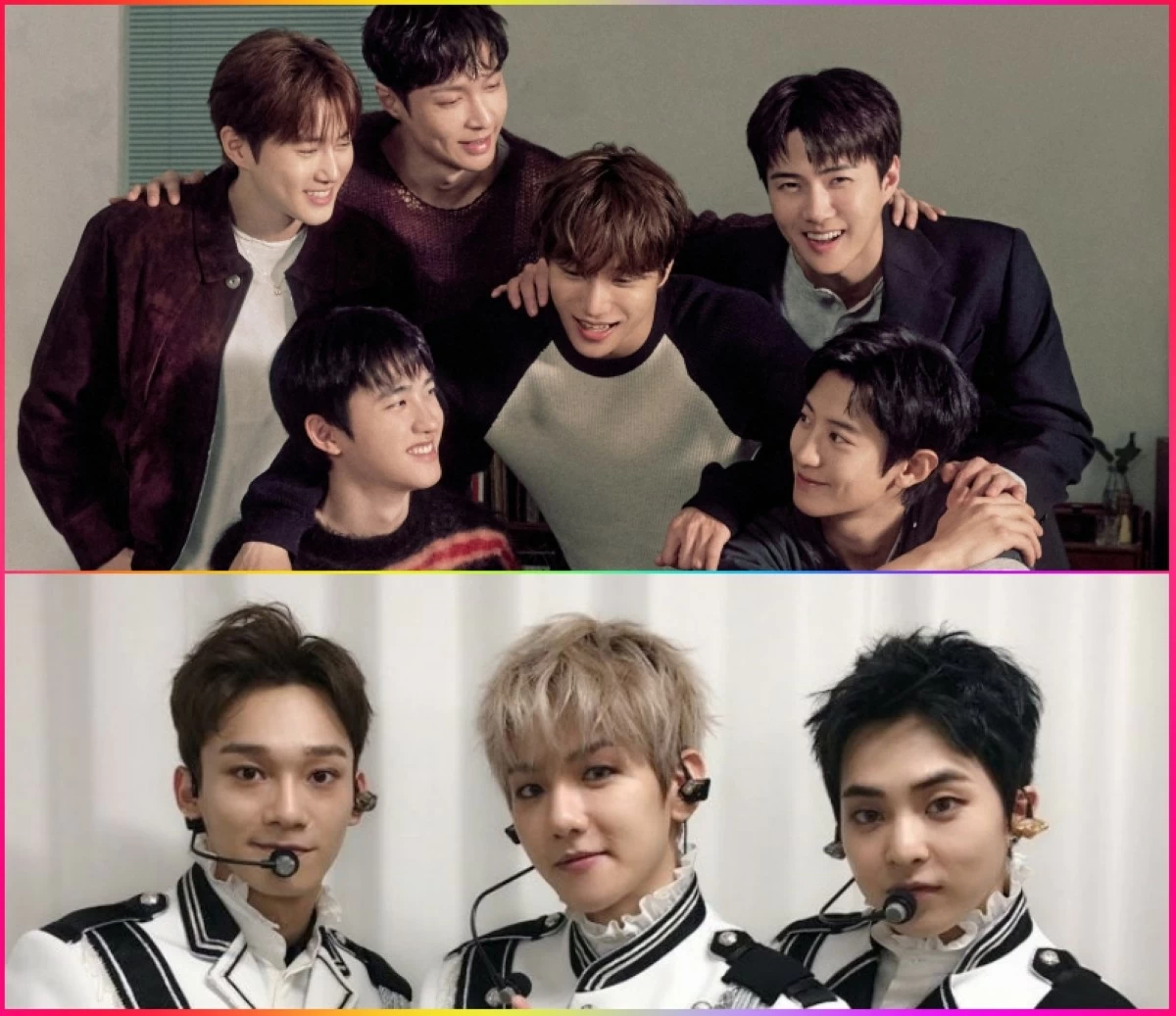(Top) EXO's Suho, Chanyeol, D.O., Kai, Sehun and Lay, and (bottom) EXO's Chen, Baekhyun and Xiumin, also known as EXO-CBX (X) 