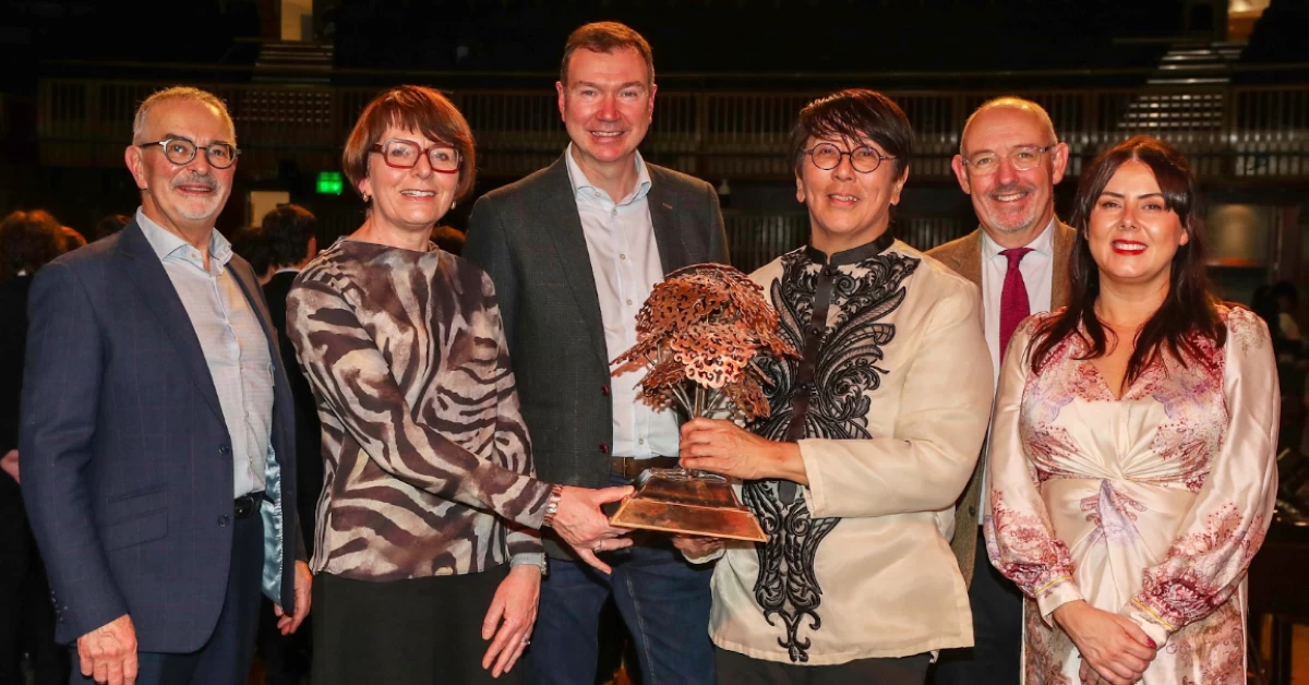 (From left:) Dónal Doherty (City of Derry International Choir Festival, Artistic director), Kathyrn Harkin (FinTru, executive director), Declan Breslin (FinTru, managing director), Prof. Fidel G. Calalang, Jr. (UST Singers, conductor), Philip Gilliland (City of Derry International Choir Festival, chair of Board of Directors), Kathleen McDermot (FinTru, executive director) [Photo courtesy of the City of Derry International Choir Festival Facebook page]