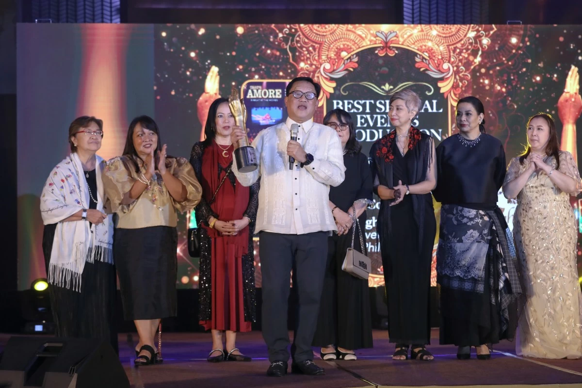 Tanghal Tertulia of the University of the Philippines Wins Best Special Events Production at the 38th Aliw Awards. The University of the Philippines President Angelo Jimenez (4th from left) accepts the award for Tanghal Tertulia for Best Special Events Production at the 38th Aliw Awards on December 15, 2025 at the Manila Hotel Fiesta Pavilion. Also in photo are, from left, Jingjing Romero (UP Stratcom), Atty. Cynthia Nuval (COO, UP-PAUW), Atty. Edlyn Verzola (President, UP-PAUW), Jimenez, Atty. Fina Dela Cuesta-Tantuico (VP for Public Affairs, UP-PAUW), Dr Ma. Patricia Silvestre (Dean, UP College of Music), Atty. Gaby Concepcion, (immediate Past President, UP-PAUW), and Prof. Rica D. Abad (UP Stratcom and VP for Communication, UP-PAUW). Photo by Fernando G. Sepe Jr., UP-MCO