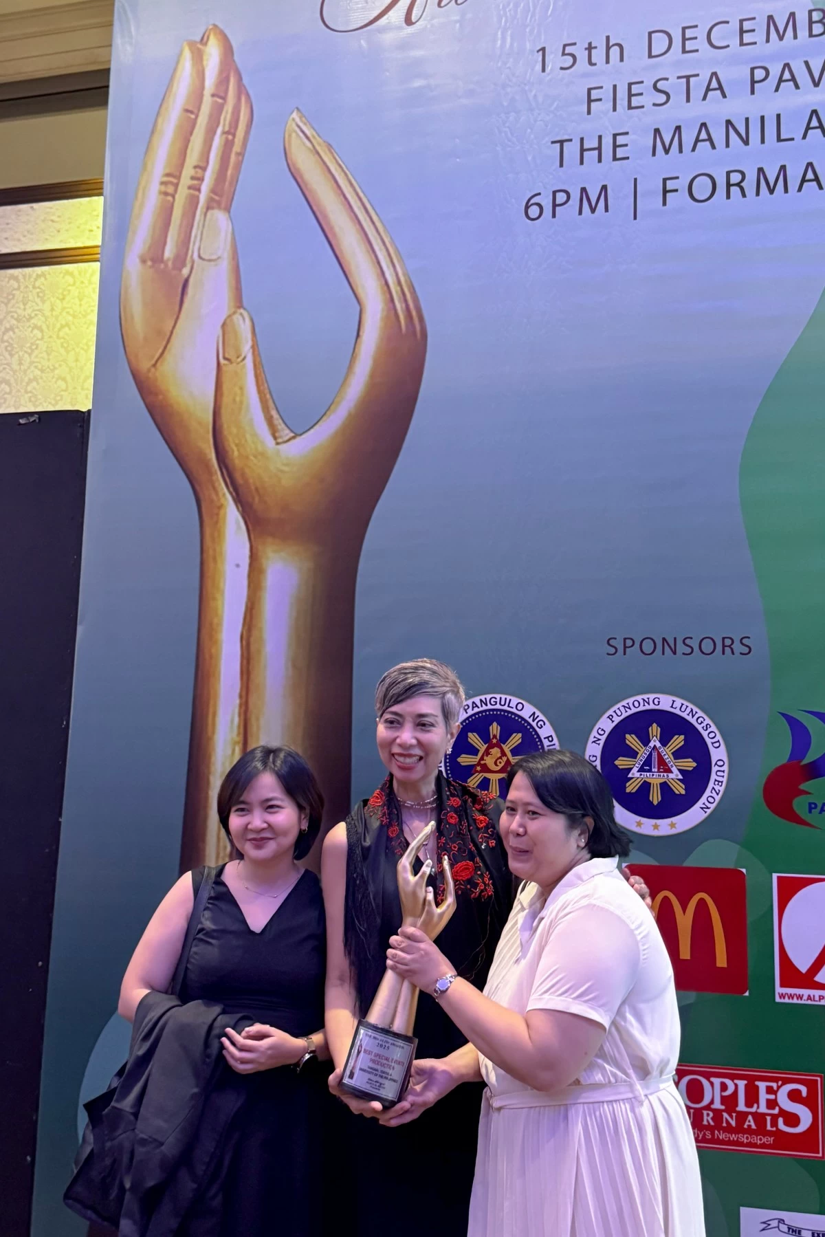 The University of the Philippines celebrates after the cultural program Tanghal Tertulia clinched the Best Special Events Production at the 38th Aliw Awards on December 15, 2025 at the Manila Hotel Fiesta Pavilion. Photo by Fernando G. Sepe Jr., UP-MCO