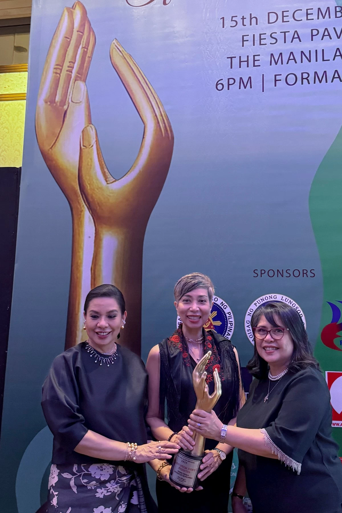 The University of the Philippines celebrates after the cultural program Tanghal Tertulia clinched the Best Special Events Production at the 38th Aliw Awards on December 15, 2025 at the Manila Hotel Fiesta Pavilion. Photo by Fernando G. Sepe Jr., UP-MCO