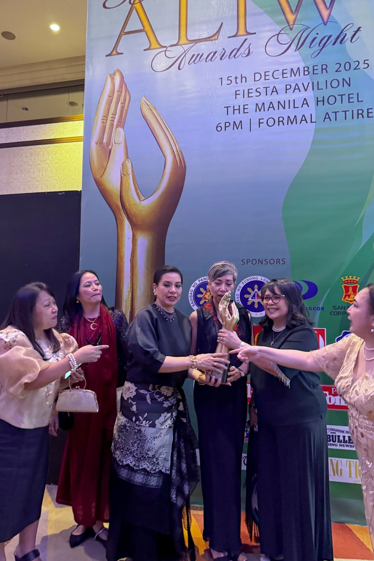 The University of the Philippines celebrates after the cultural program Tanghal Tertulia clinched the Best Special Events Production at the 38th Aliw Awards on December 15, 2025 at the Manila Hotel Fiesta Pavilion. Photo by Fernando G. Sepe Jr., UP-MCO