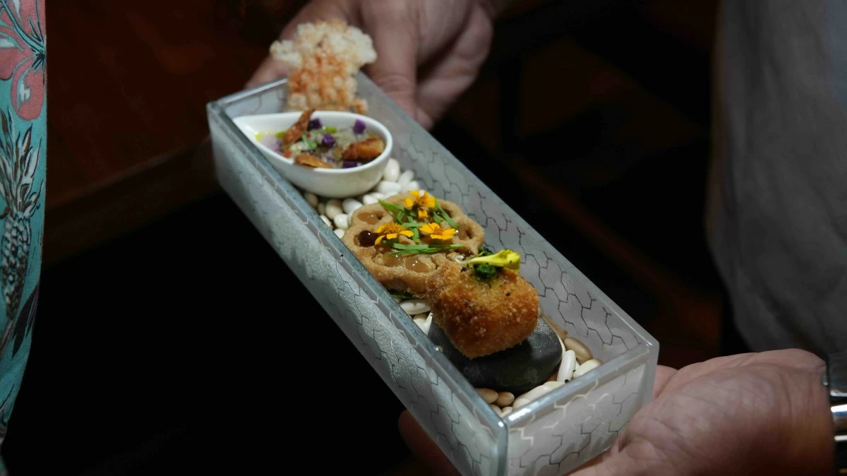 OPENING BITES A trio of starters at Tiya’s House- oyster sinuglaw with tapioca chips, calderetang kambing croquettes and inasal chicken liver pate