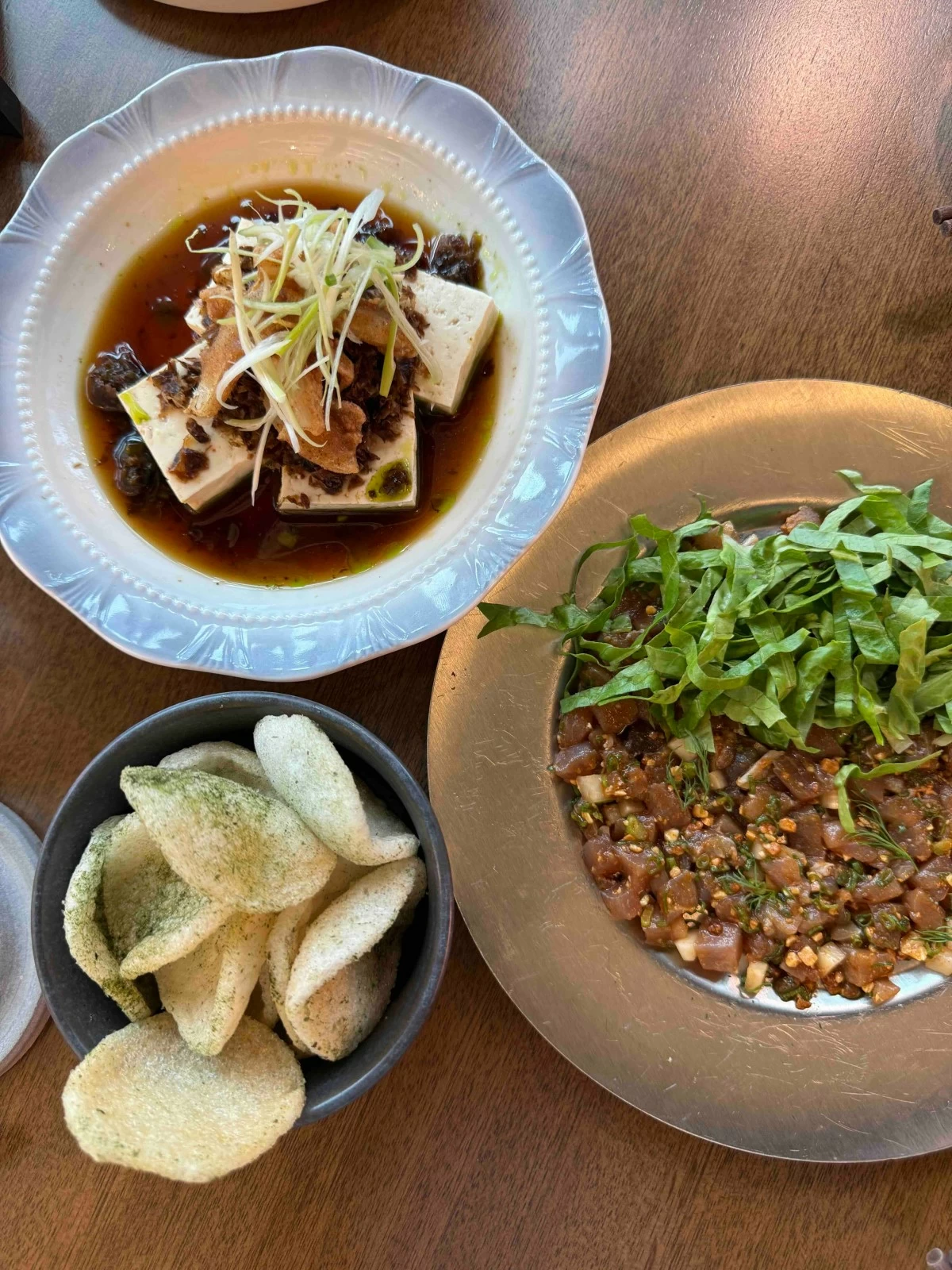 Tofu X.O. on the left, and the Tuna Kropek