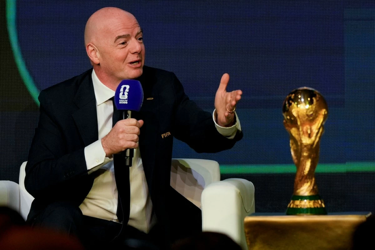 FIFA President Gianni Infantino speaks during the match schedule reveal for the 2026 soccer World Cup in Washington, Saturday, Dec. 6, 2025. (AP Photo/Chris Carlson)