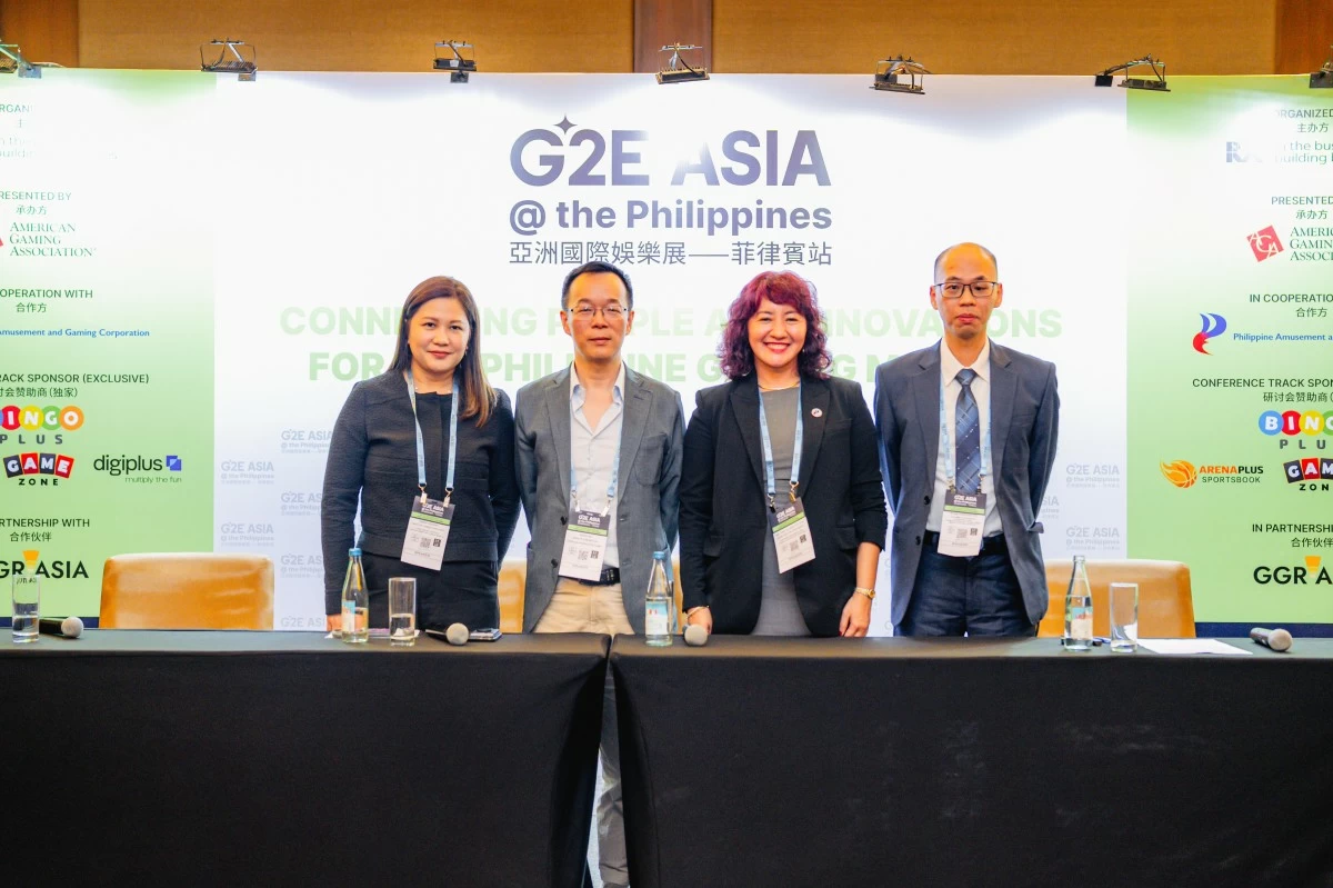 (L-R) Panelists Nerie Aquino; Erick Su, Head of ArenaPlus at DigiPlus; Ma. Vina Claudette Oca; and Moderator Ryan Hong-Wai Ho at the “Innovations in Responsible Gaming and CSR” session at Day 2 of G2E Asia PH 2025
