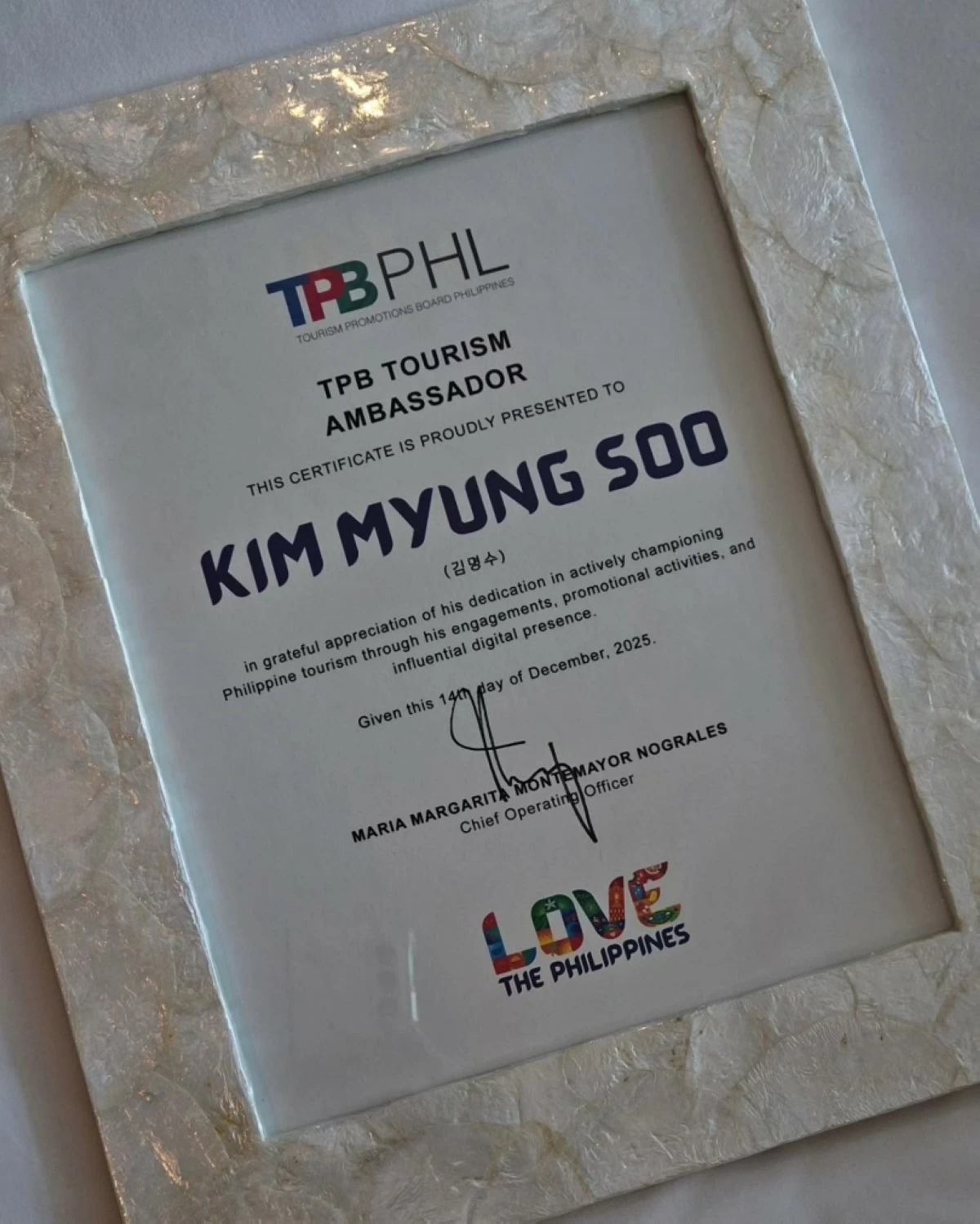 The certificate for  Kim Myung-soo (Instagram) 