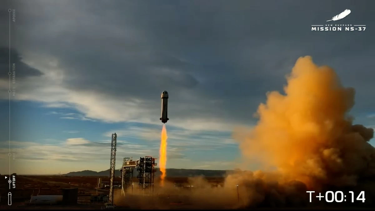 This image provided by Blue Origin shows Blue Origin rocket lifts off on Saturday, Dec. 20, 2025 in West Texas.  (Blue Origin via AP)