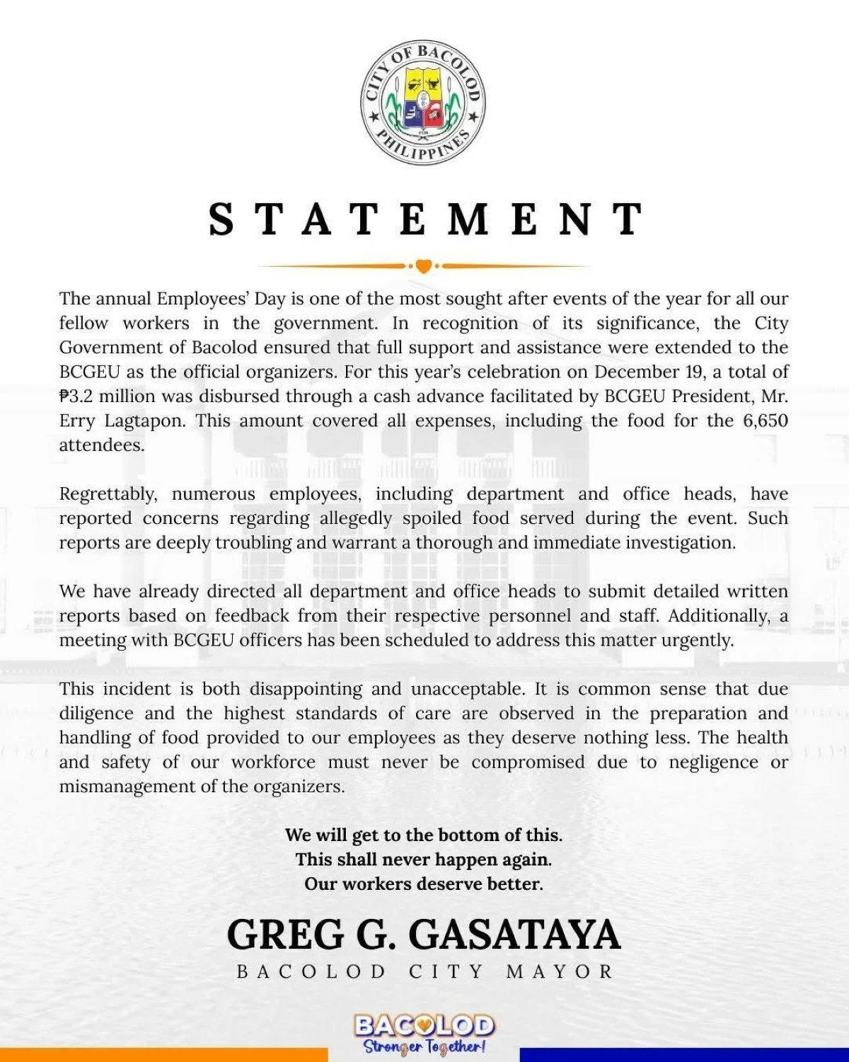 Bacolod probes ‘spoiled food’ served on Employees' Day