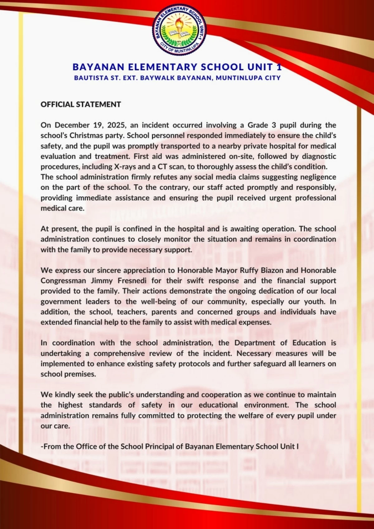 The statement about the accident issued by the Bayanan Elementary School Unit 1 in Barangay Bayanan, Muntinlupa (Photo from Bayanan Elementary School Unit 1's Facebook page)  