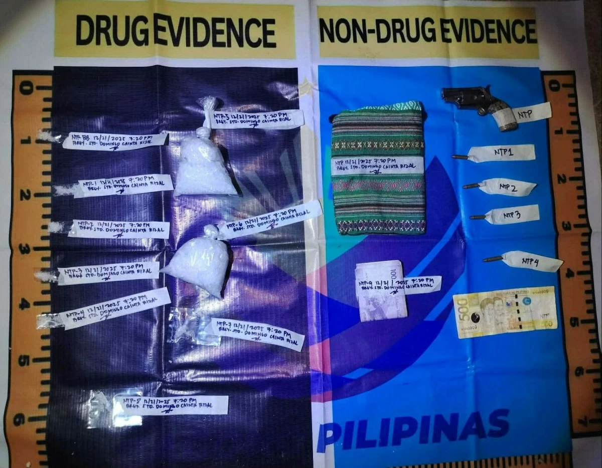 Authorities arrest two high-value individuals (in black shirts) and confiscate around 200 grams of suspected shabu worth P1.36 million. (Photos from Rizal PPO)