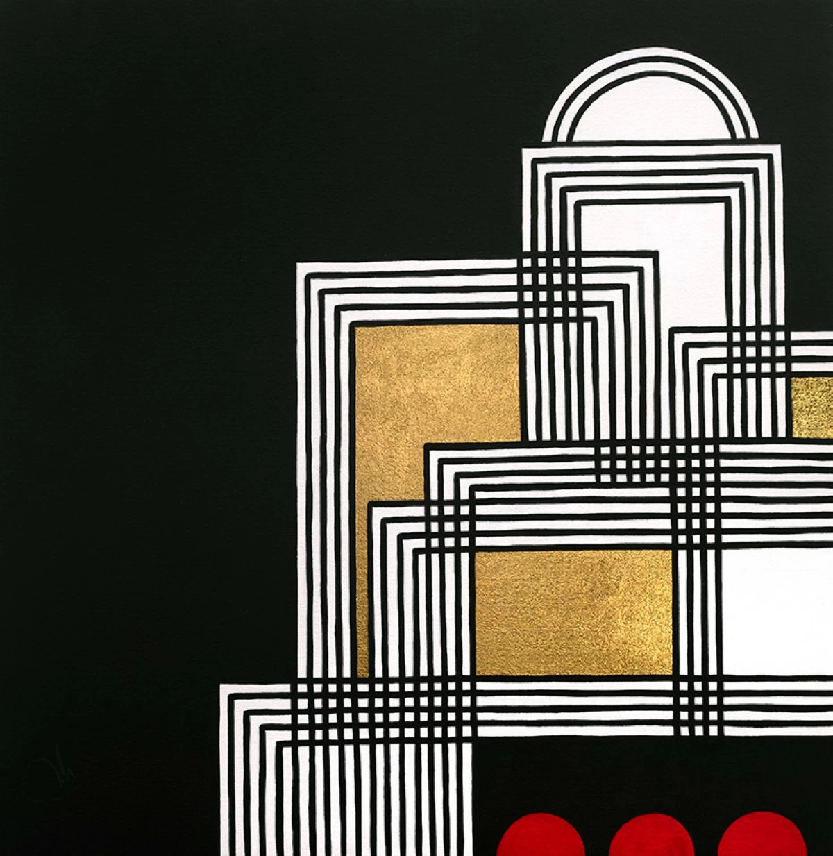 'ARCHITECTURES OF MEMORY' 24x24 inches, acrylic and goldleaf on canvas, 2025