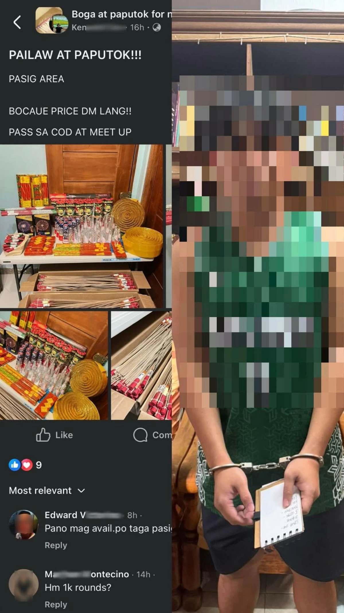 The online seller arrested by the Pasig PNP for selling illegal firecrackers in the city. (Photo from Mayor Vico Sotto)